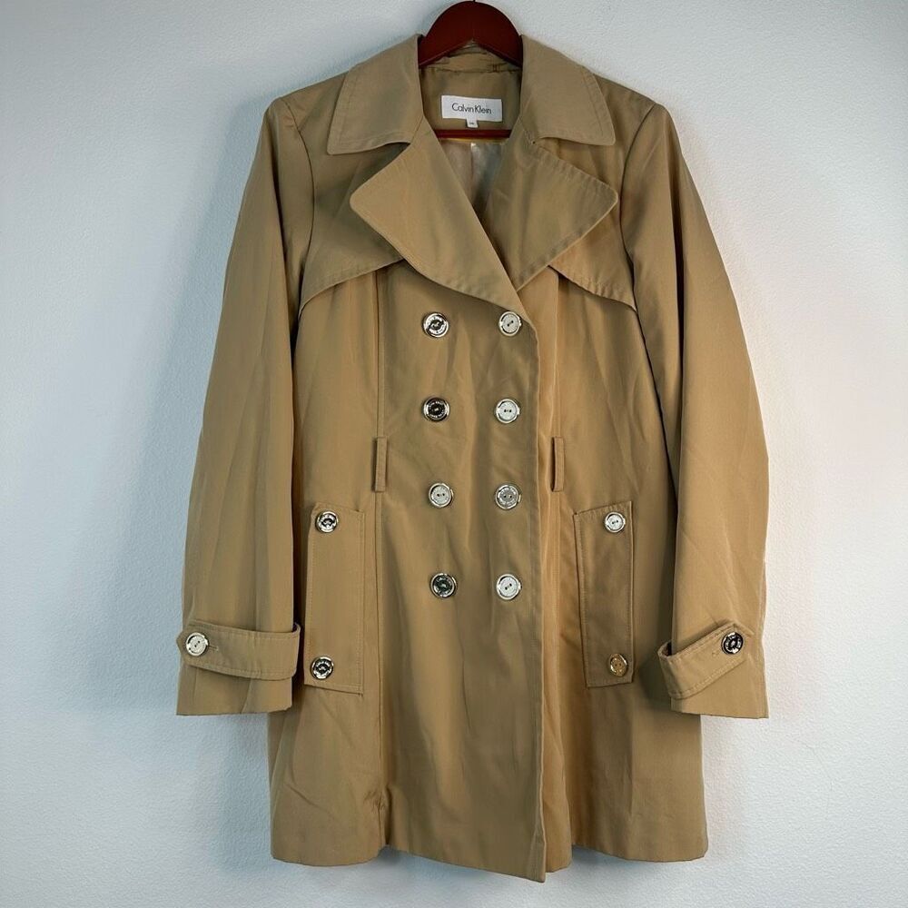 Calvin Klein Double Breasted Tan‎ Car Coat Womens Large Outdoor Preppy Modern